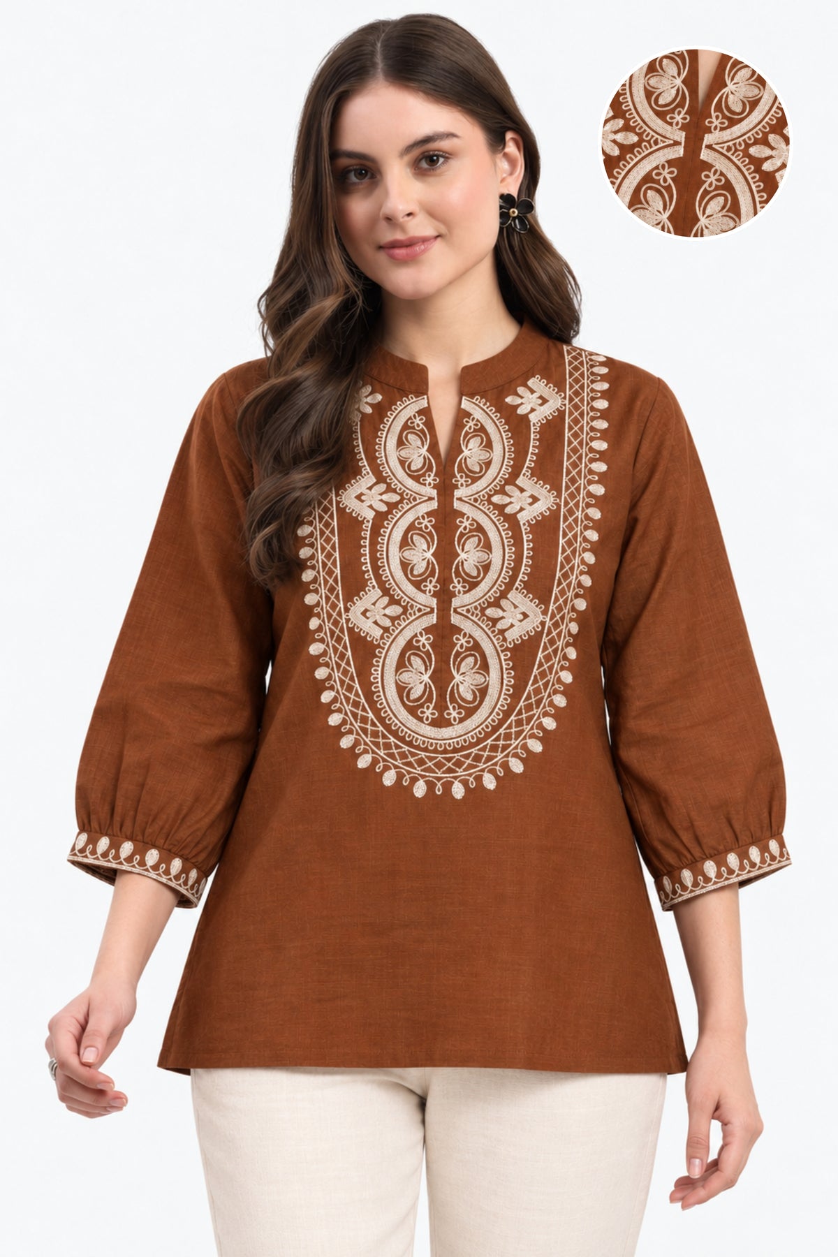 Brown Embroidered Cotton Top