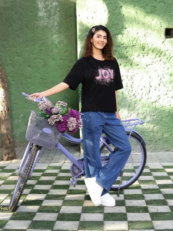 Black Embroidered Cotton Boxy Top - Global Republic