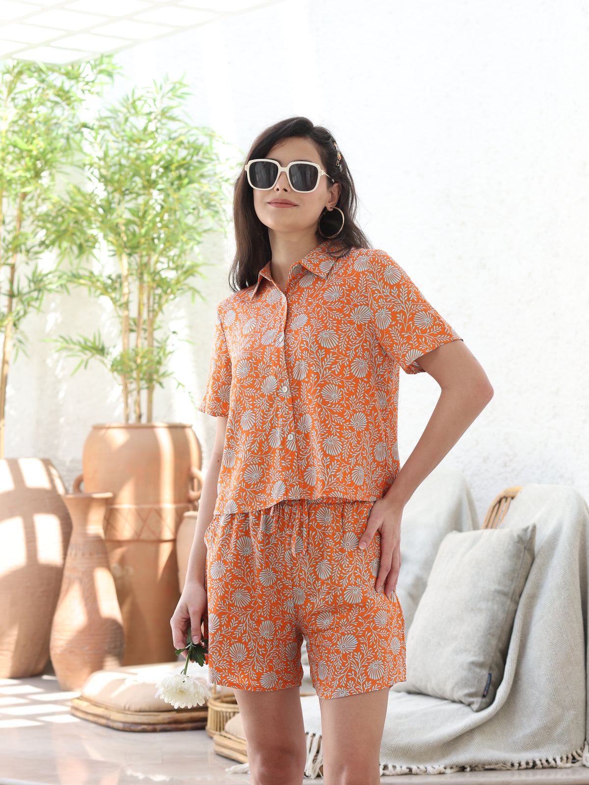 Orange Rayon Floral Nightsuit