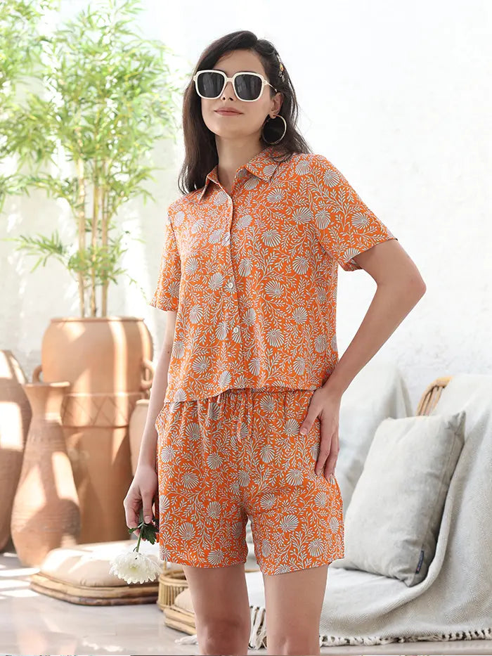 Orange Floral Rayon Loose Fit Shorts