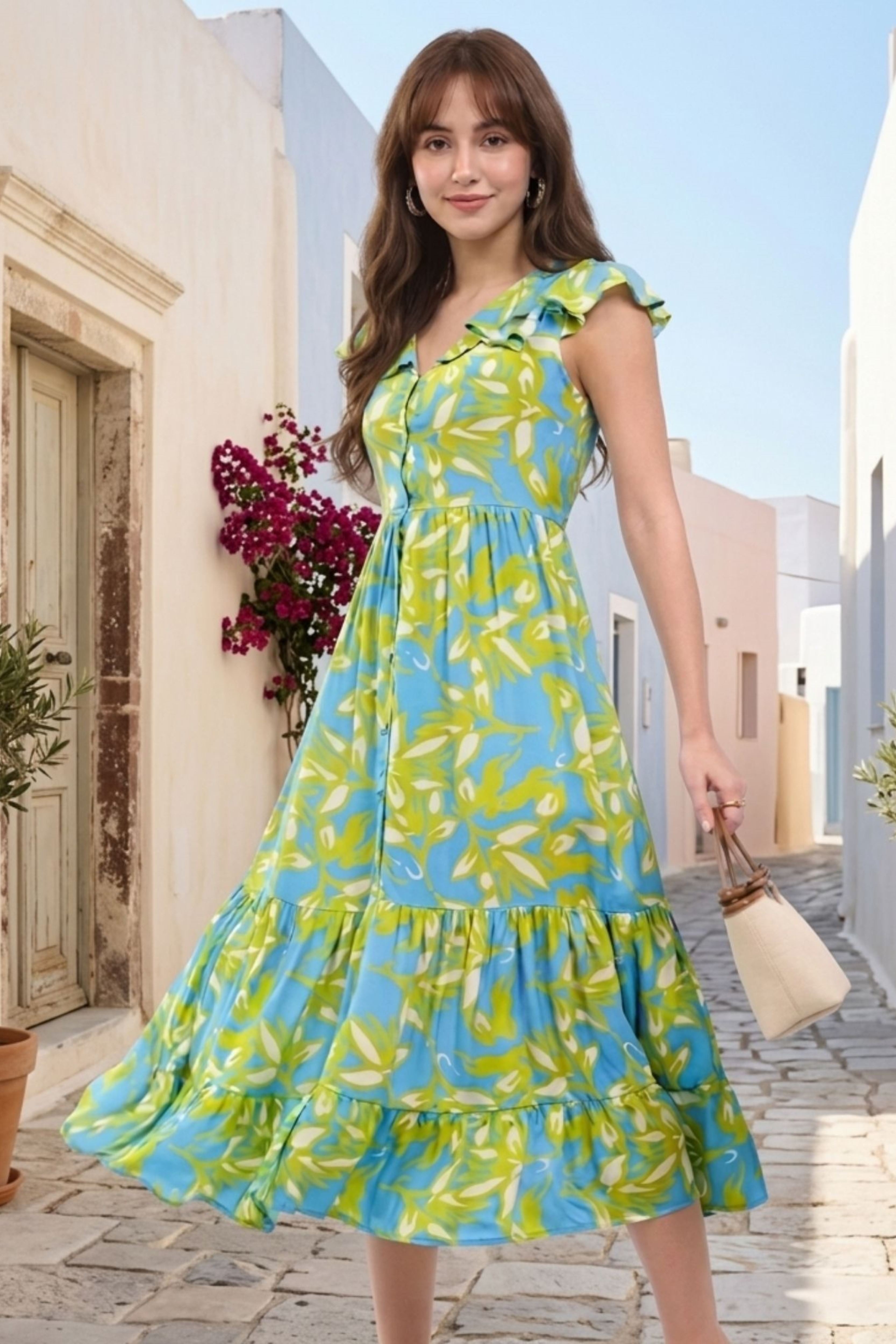 Sky & Lime Abstract Tiered Midi Dress