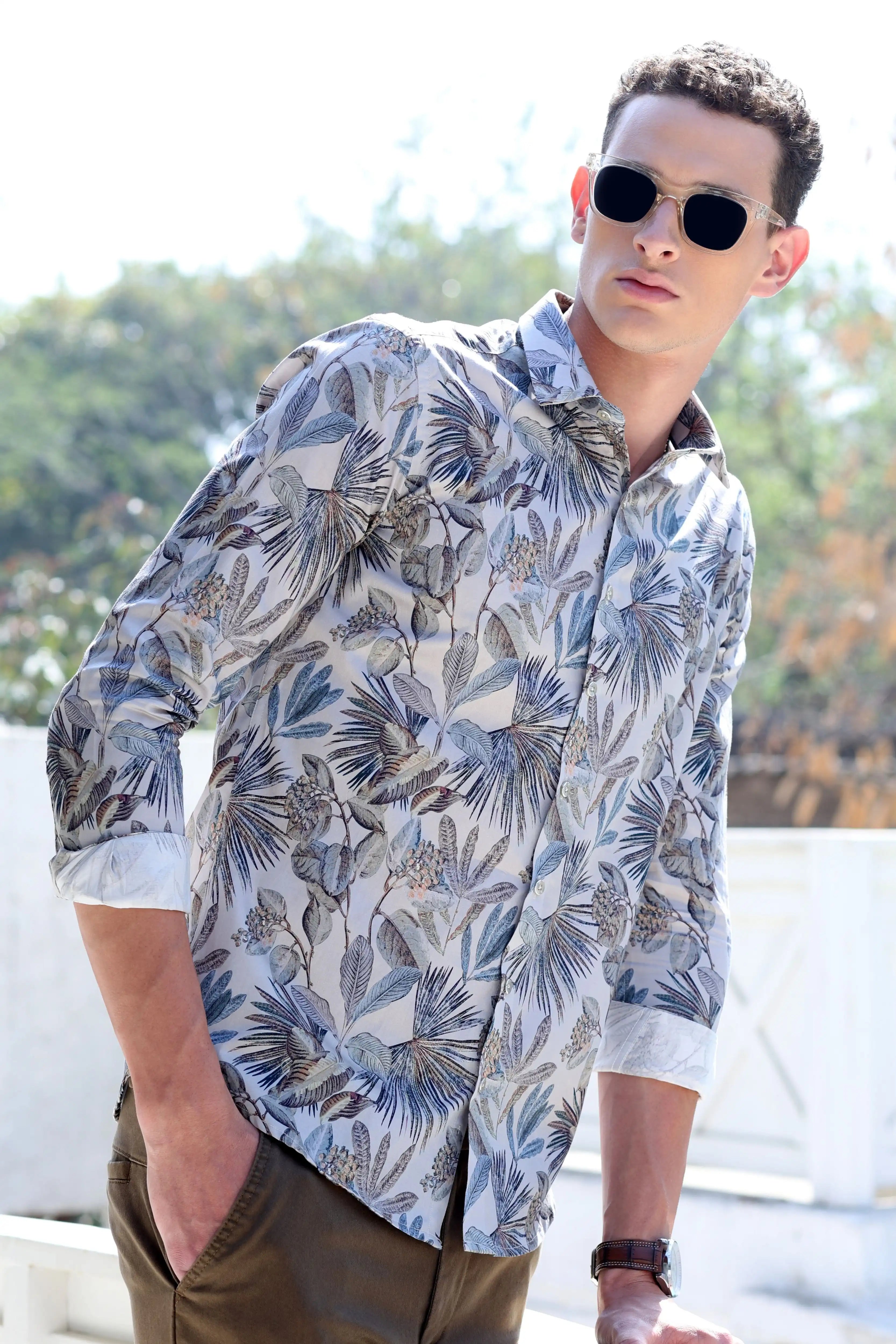 White Tropical Print Cotton Shirt - Global Republic