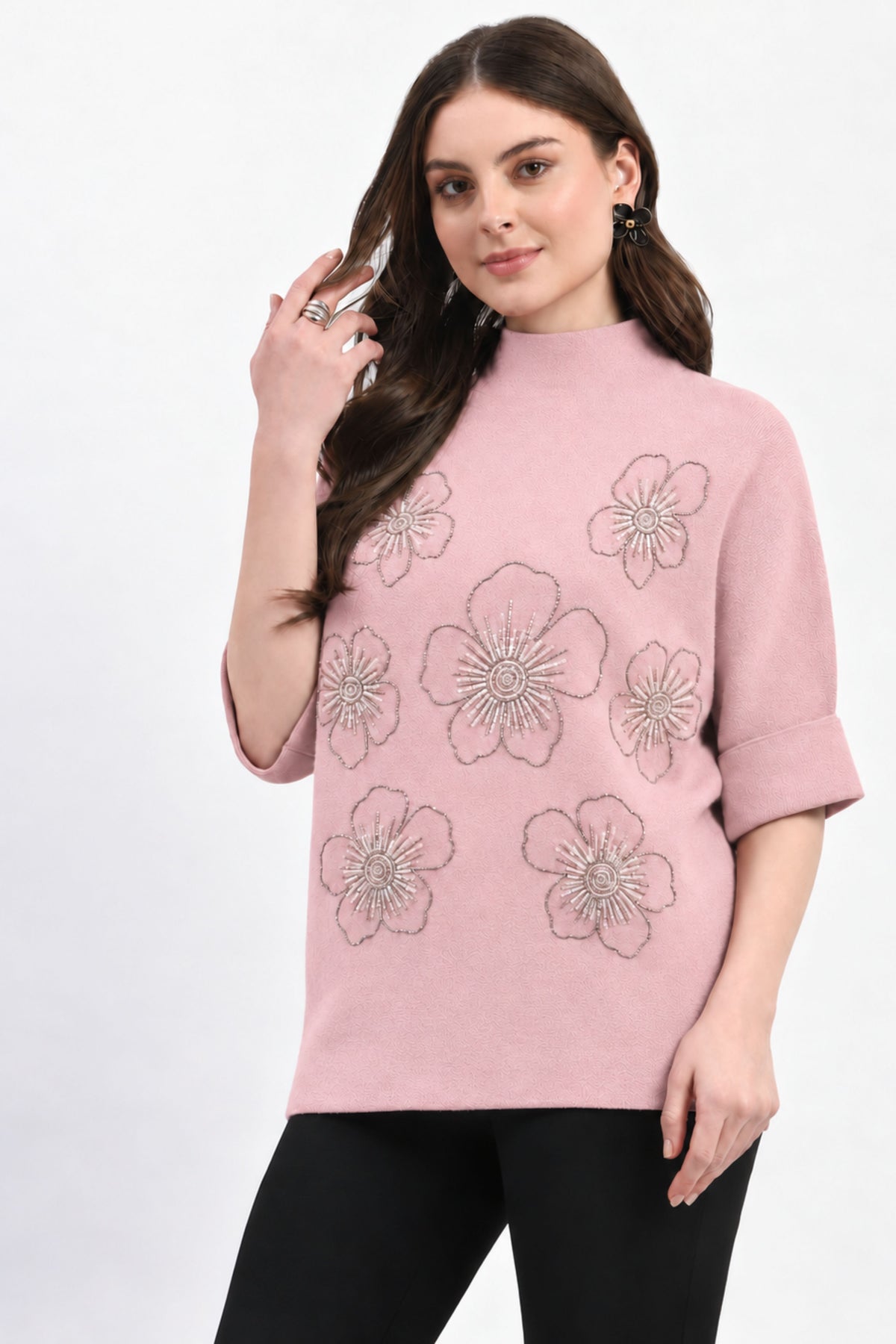 Pink Floral Embellished Pullover