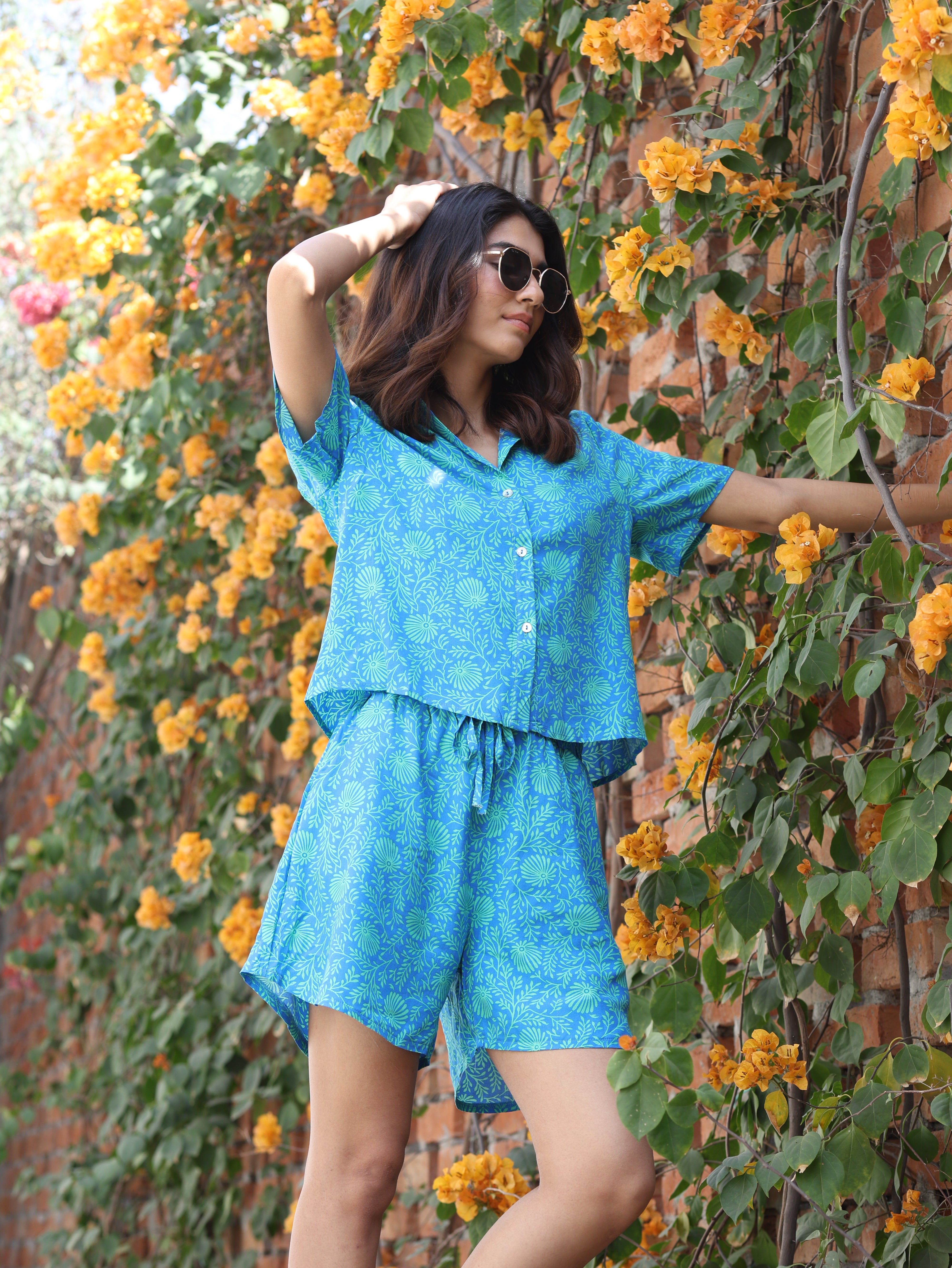 Blue Rayon Floral Print Nightsuit - Global Republic