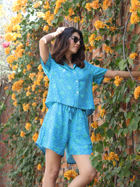 Blue Rayon Floral Print Nightsuit