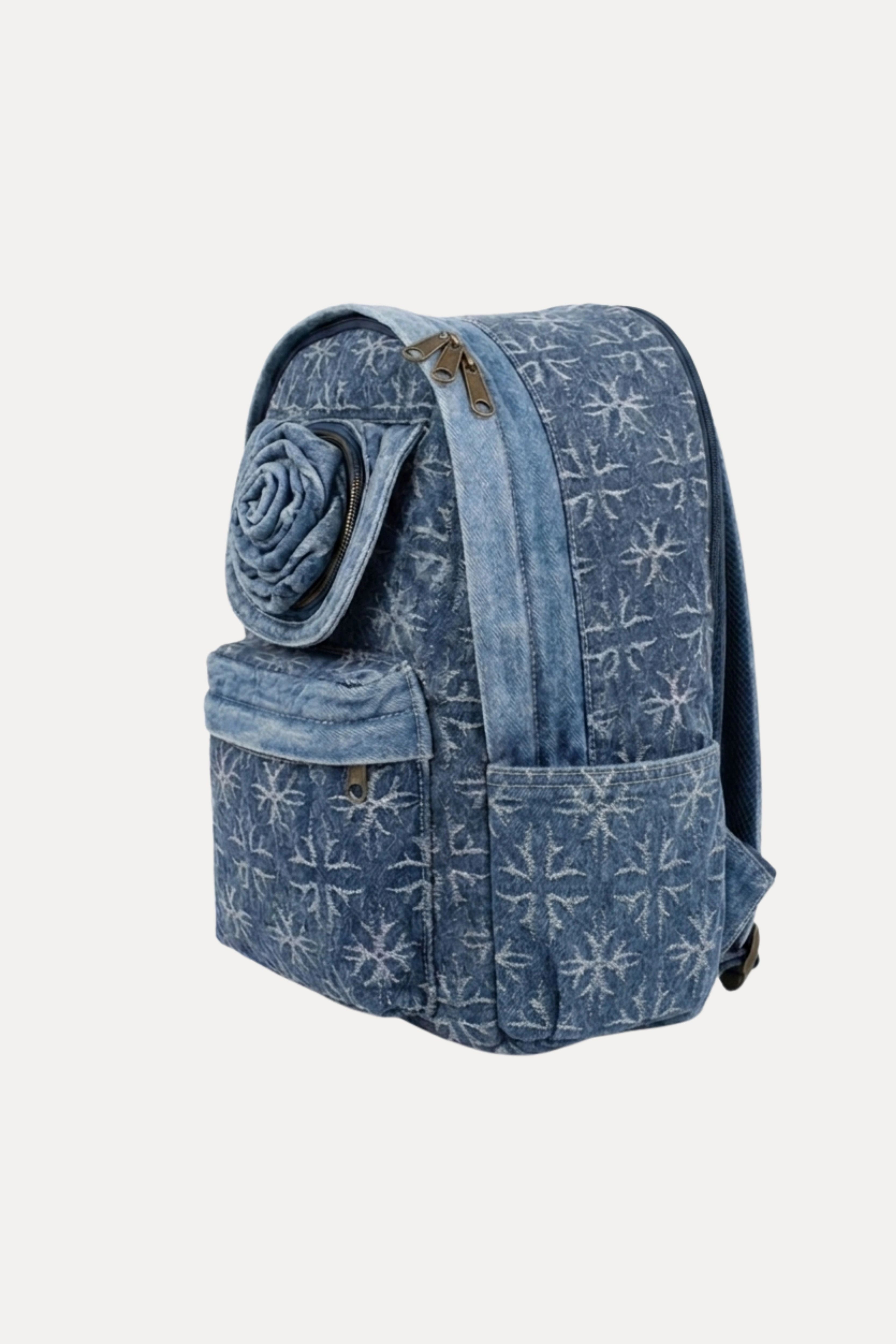 Blue Printed Denim Backpack
