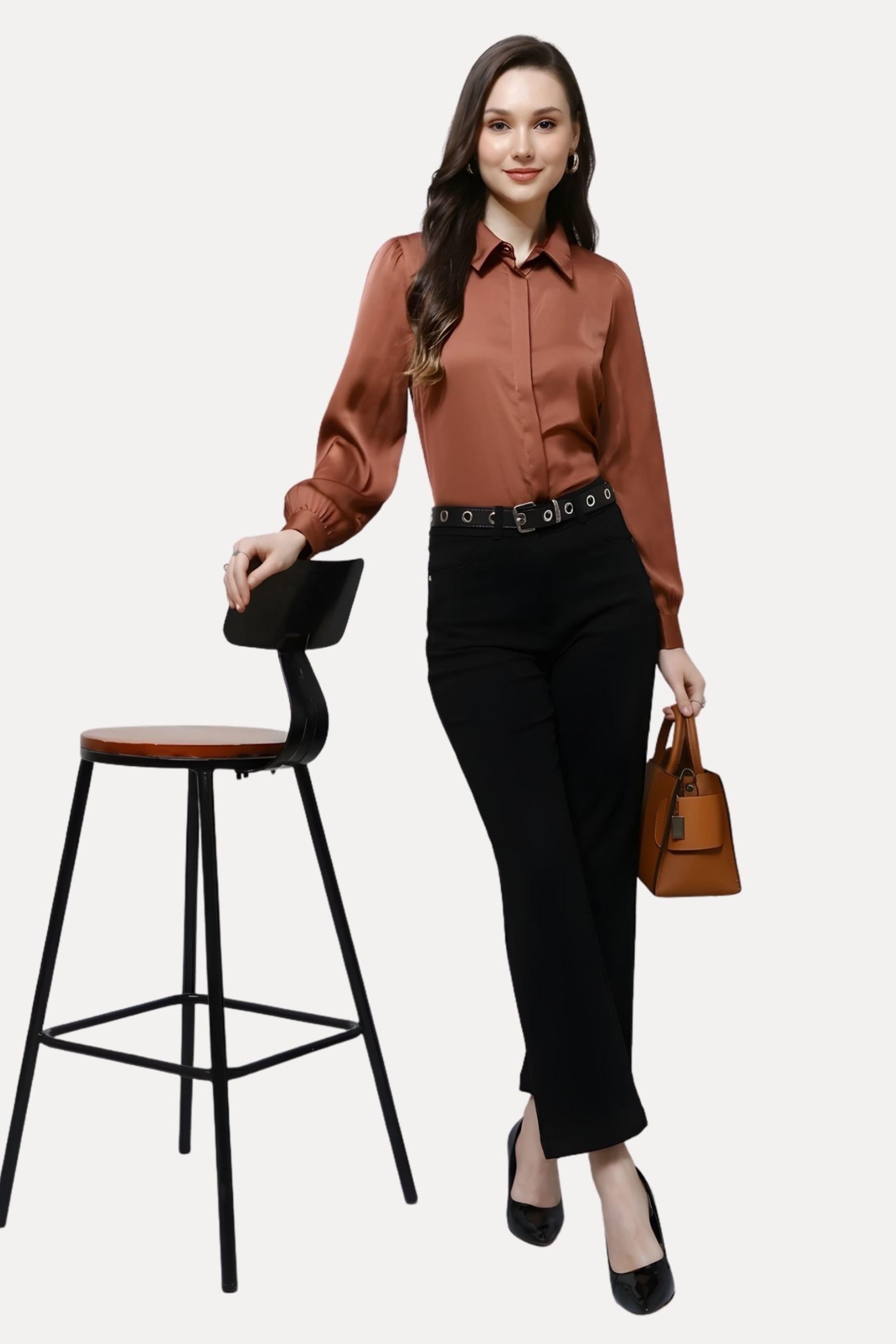 Brown Poly Satin Solid Shirt