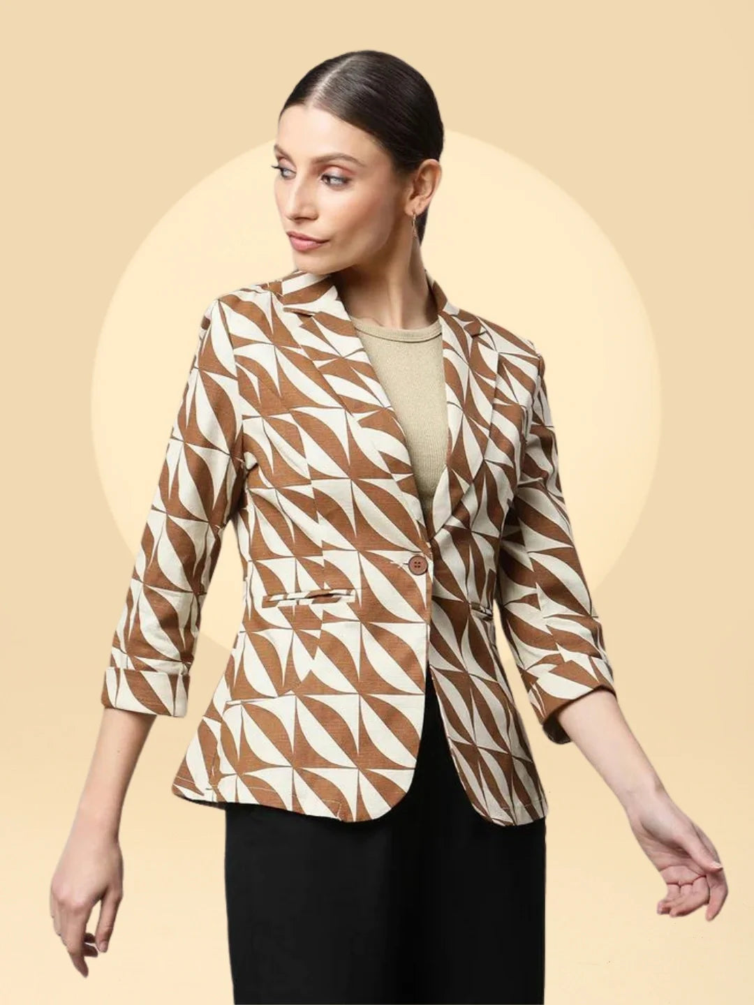 Women Mud Brown Casual Diagonal White Lines Slim Fit Blazer