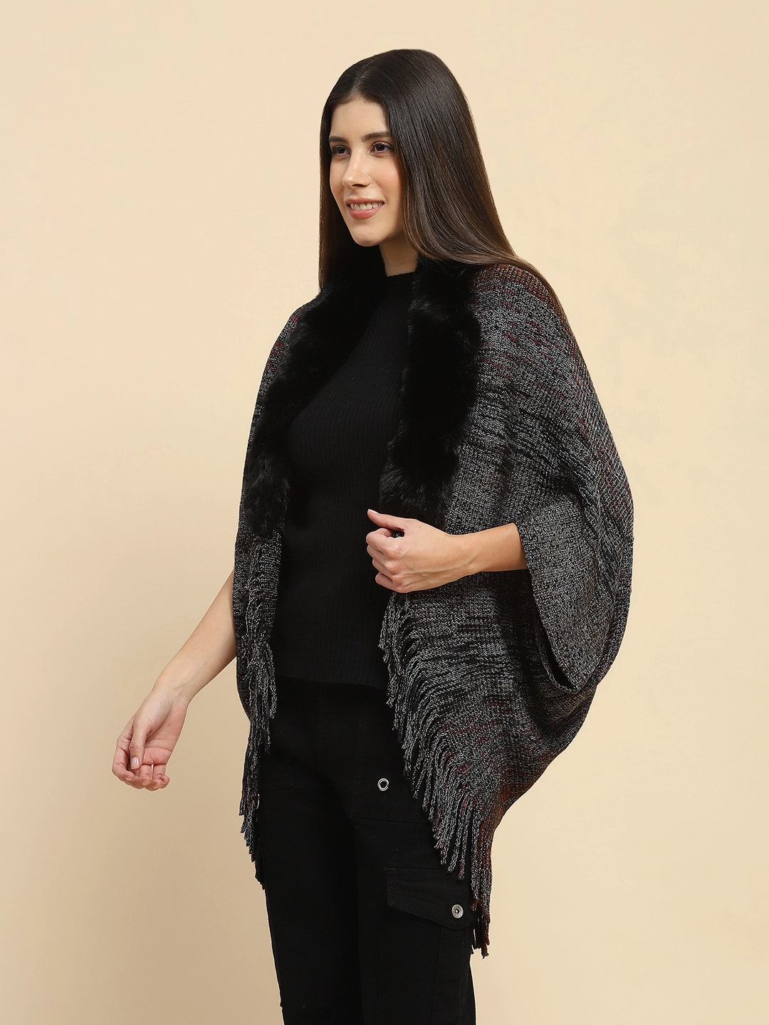 Black Mélange Acrylic Knitted Cape - Global Republic