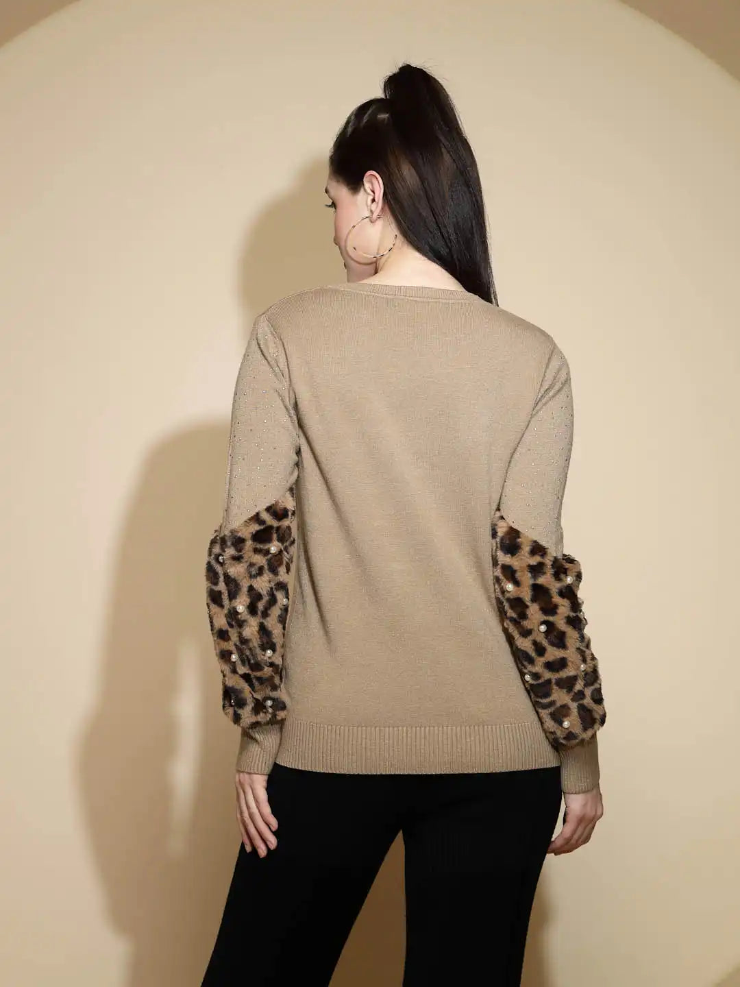 Brown Embellished Full Sleeve Round Neck Acrylic Pullover Sweater