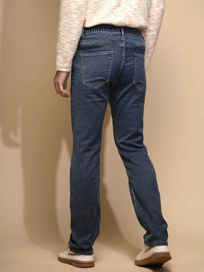 Medium Blue Solid Mid Rise Full Length Straight Slim Fit  Cotton Blend Jeans