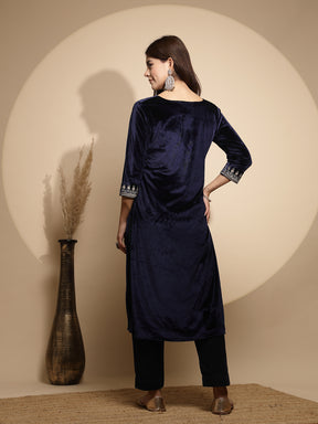 Navy Blue Embellished Full Sleeve Round Neck Velvet Kurta For Women