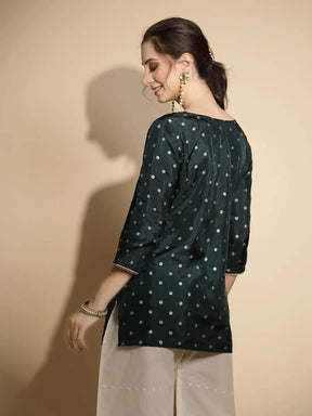 Green Embroidered Three Quarter Sleeves Round Neck Satin Tunic