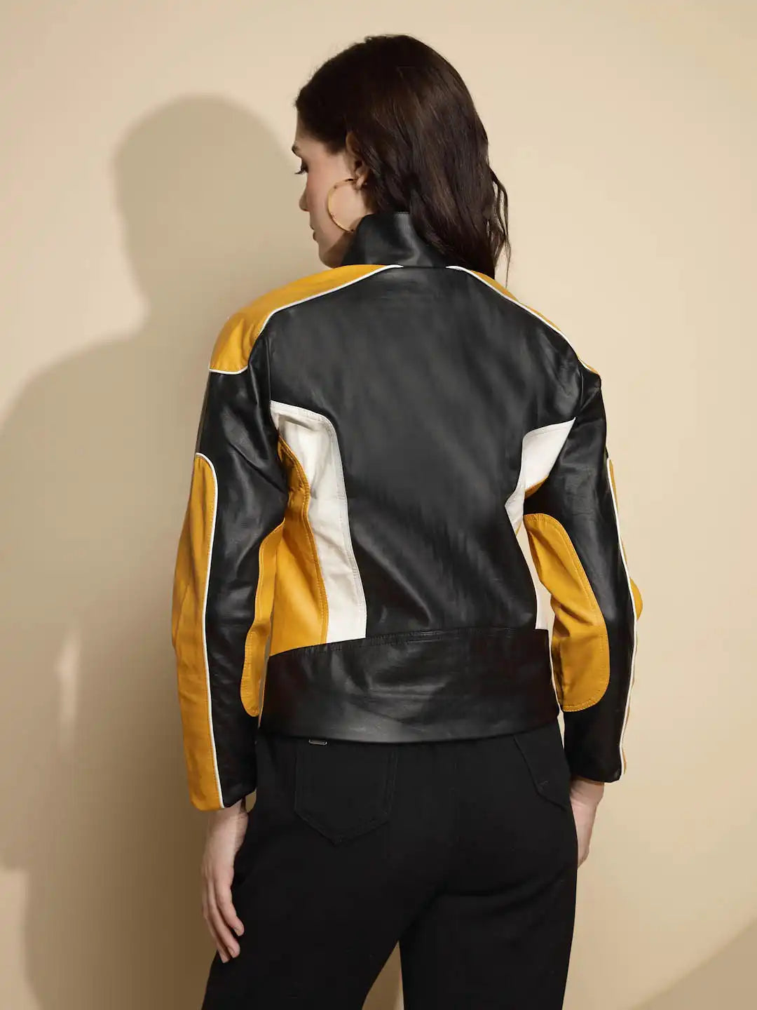 Multicolor Block Print Full Sleeve Turtle Neck Leather Jacket
