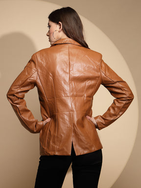 Women Brown Solid Collared Neck Full Sleeve Leather Coat