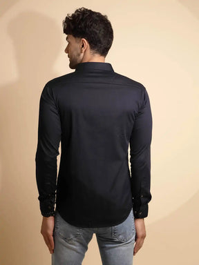 Blue Solid Full Sleeve Collar Neck Cotton Blend Shirt