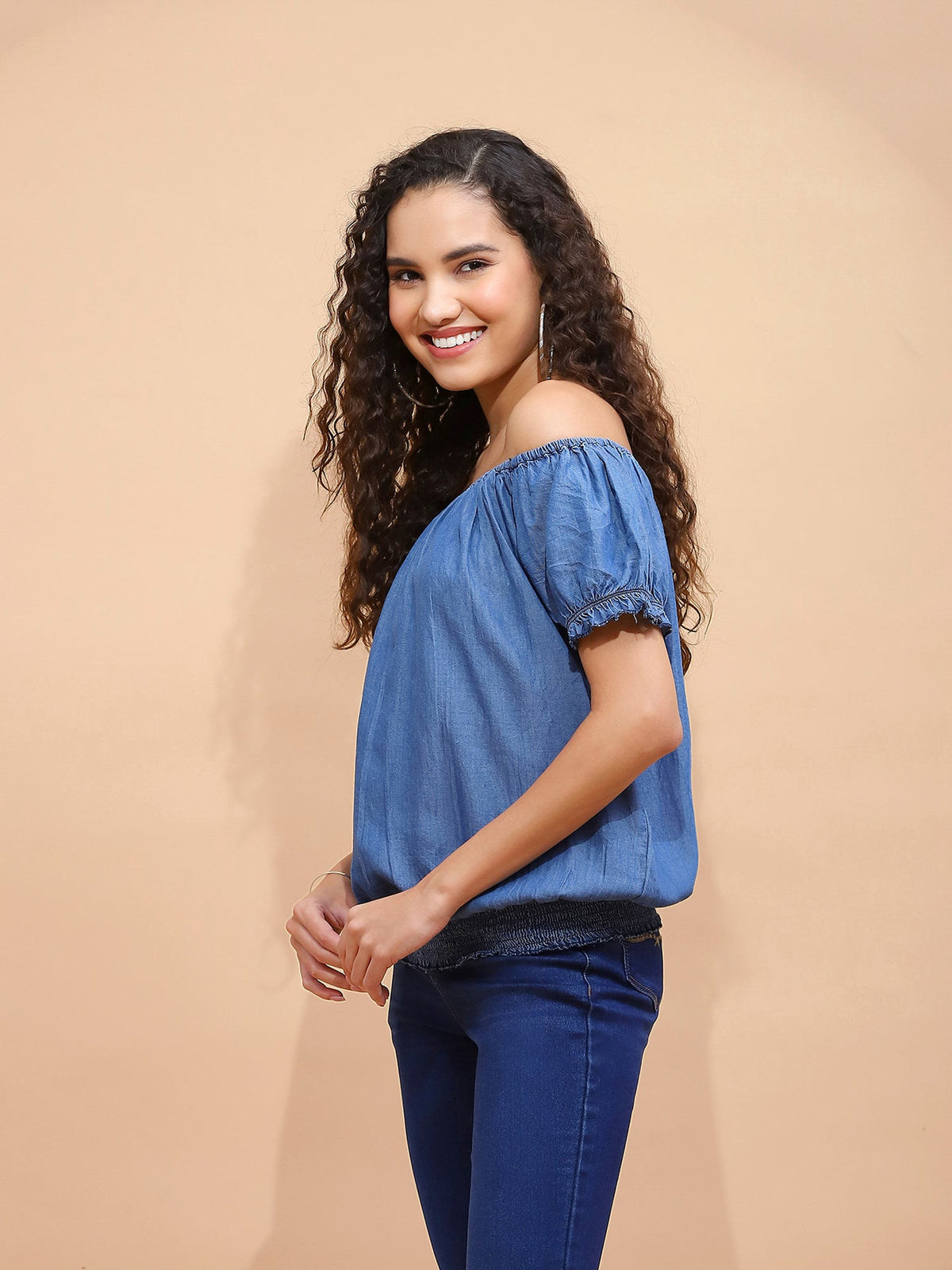 Blue Cotton Off-Shoulder Top