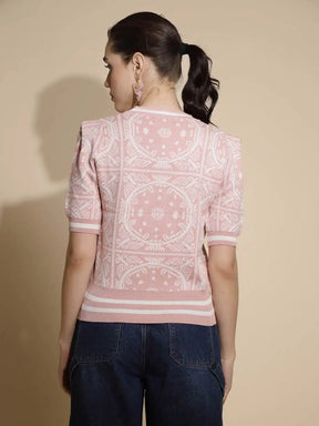 Pink Abstract Print Half Sleeve Round Neck Knitted Top