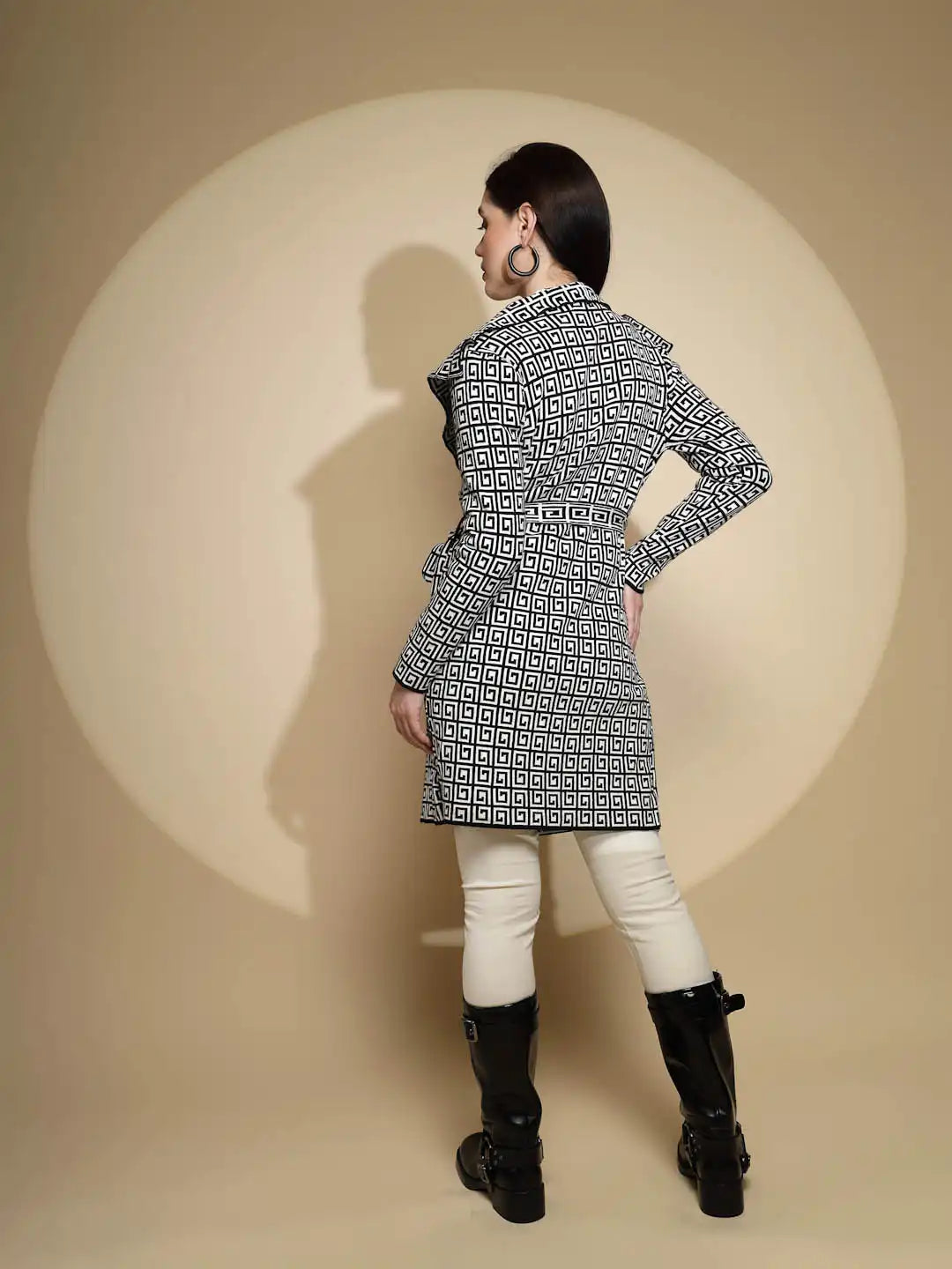 Black & White Check Full Sleeve Notched Lapel Collar Neck Winter Wrap Coat