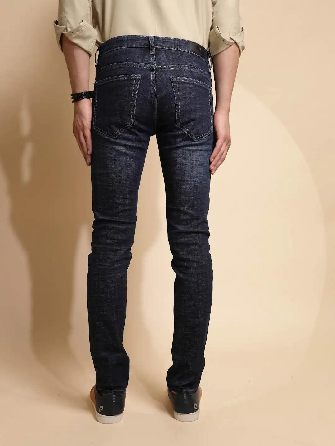 Dark Blue Solid Cotton Blend Jeans - Global Republic