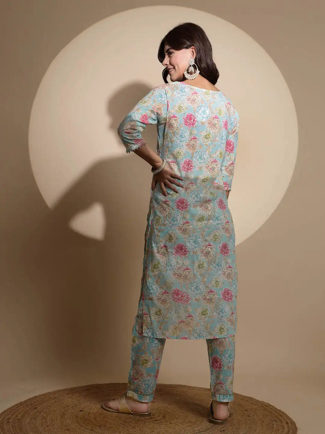 Blue Floral Printed Cotton Kurta Set - Global Republic