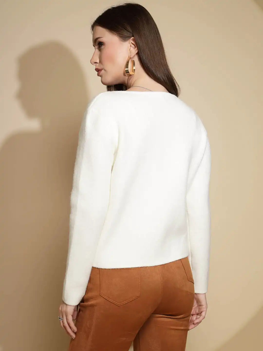 Off White Solid Full Sleeve Round Neck Acrylic Winter Coat