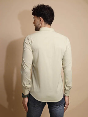 Off White Solid Full Sleeve Collared Neck Polyester Blend Shirt
