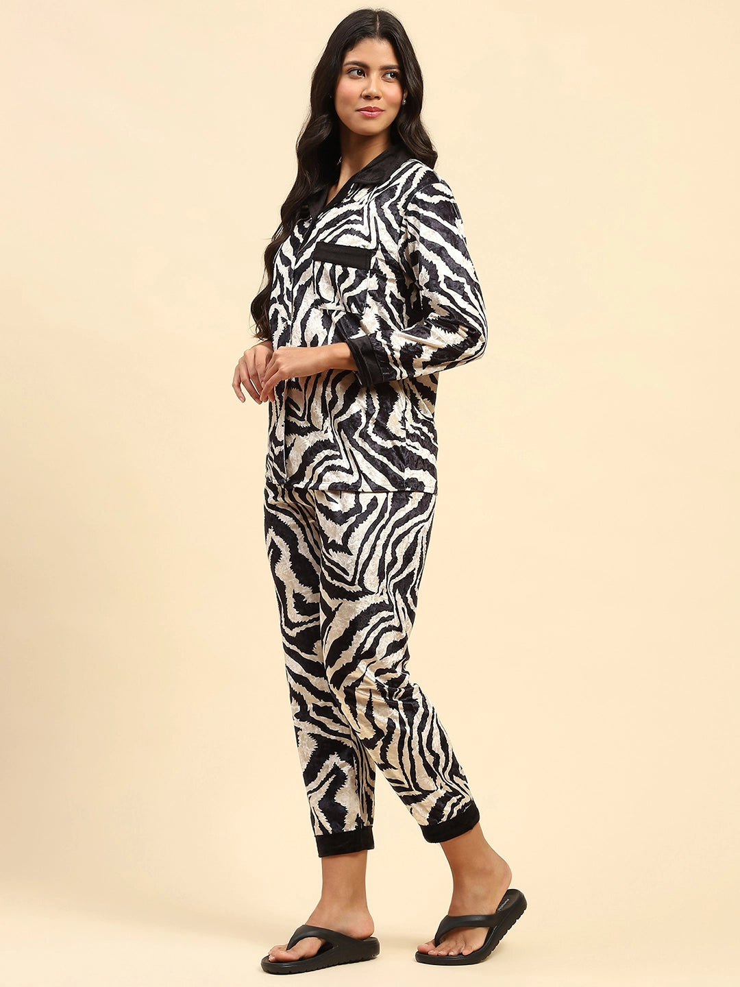 Black Zebra Print  Relaxed Fit Night Suit - Global Republic