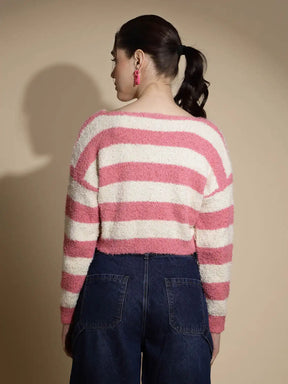 Pink & Cream Striped Full Sleeve Round Neck Acrylic Pullover