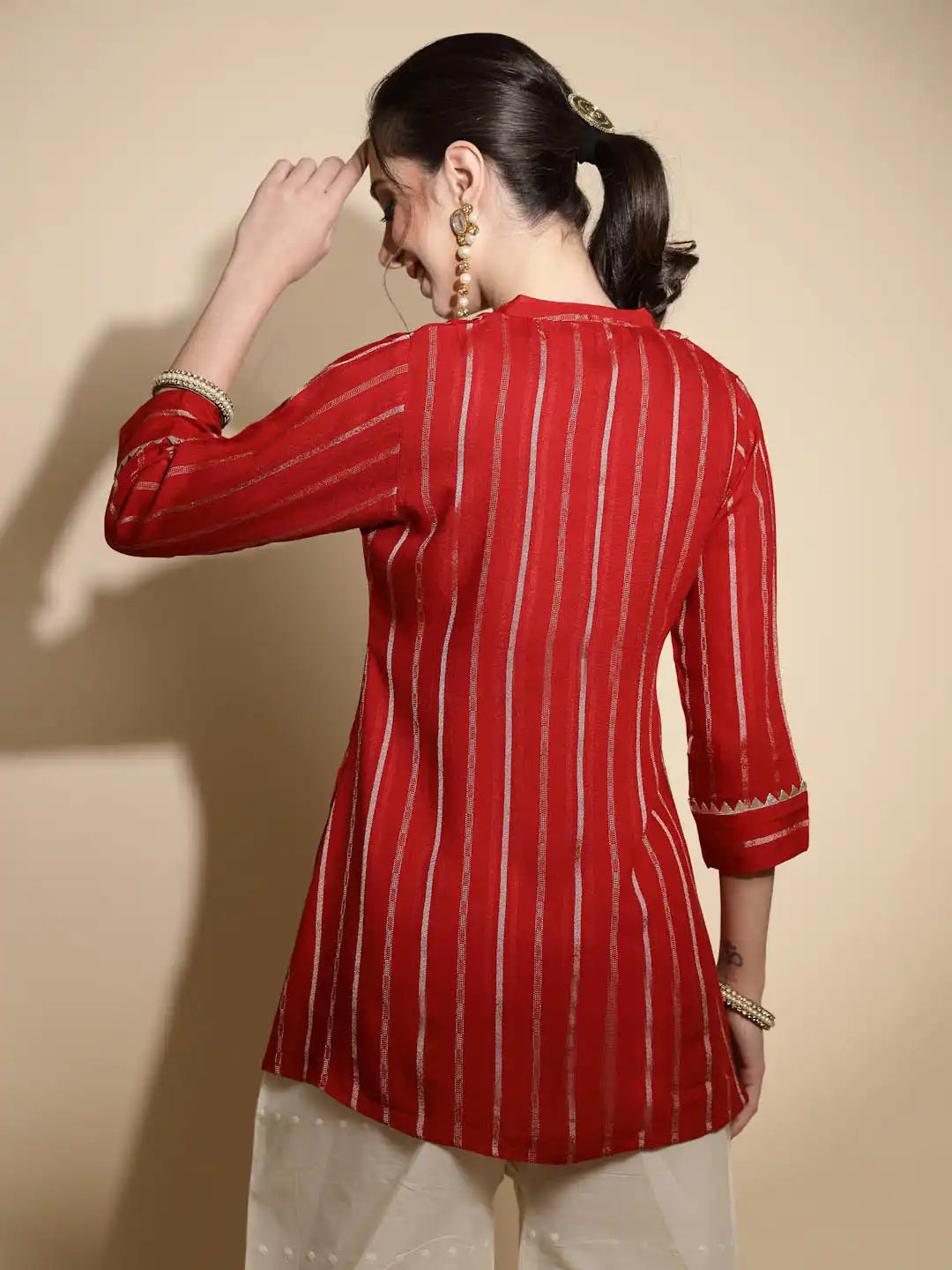 Red Printed Three Quarter Sleeves Mandarin Collar Tunic - Global Republic