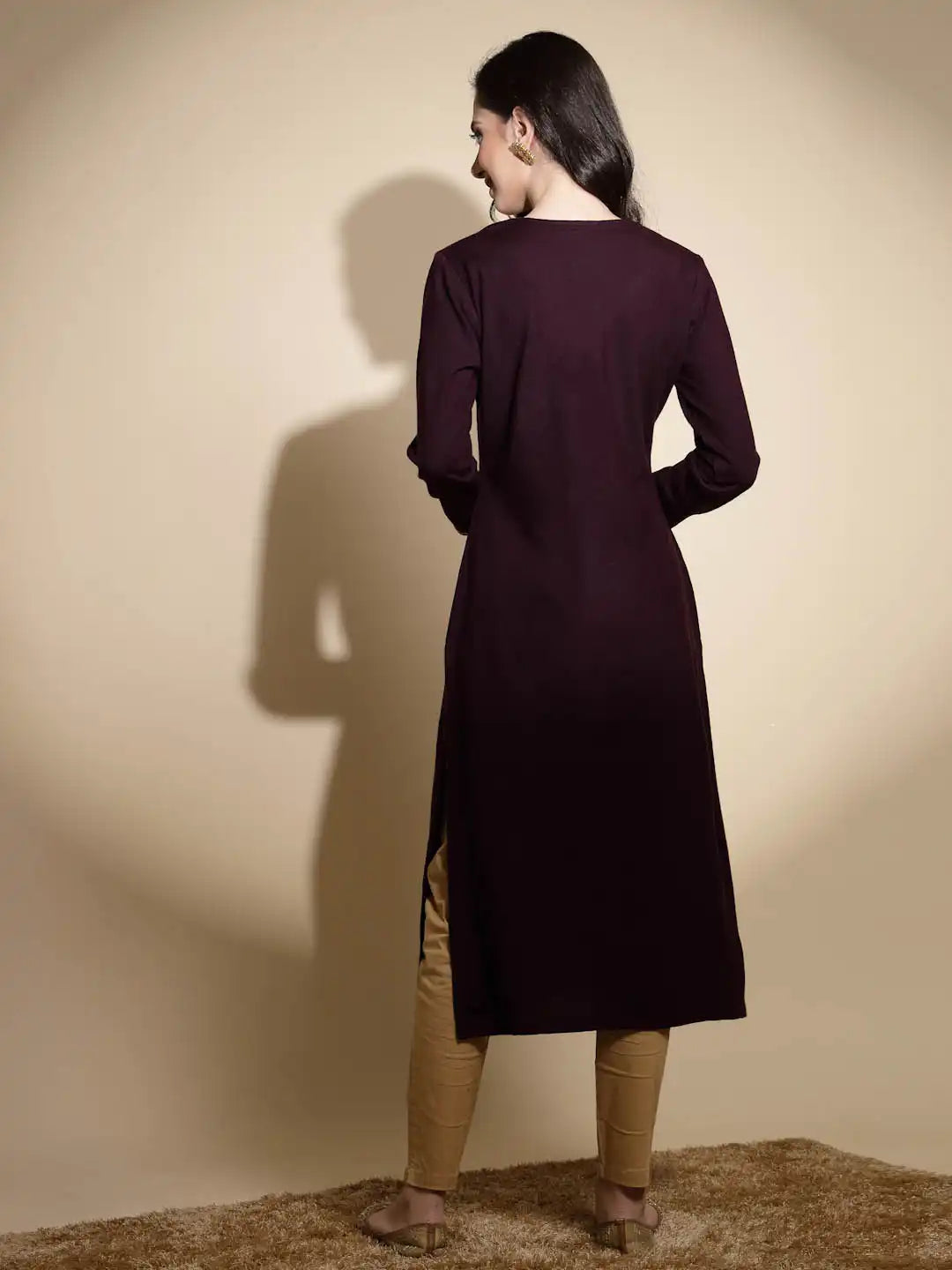 Wine Embroidered Full Sleeves Raglan Cut Crew Neck Woolen Kurta