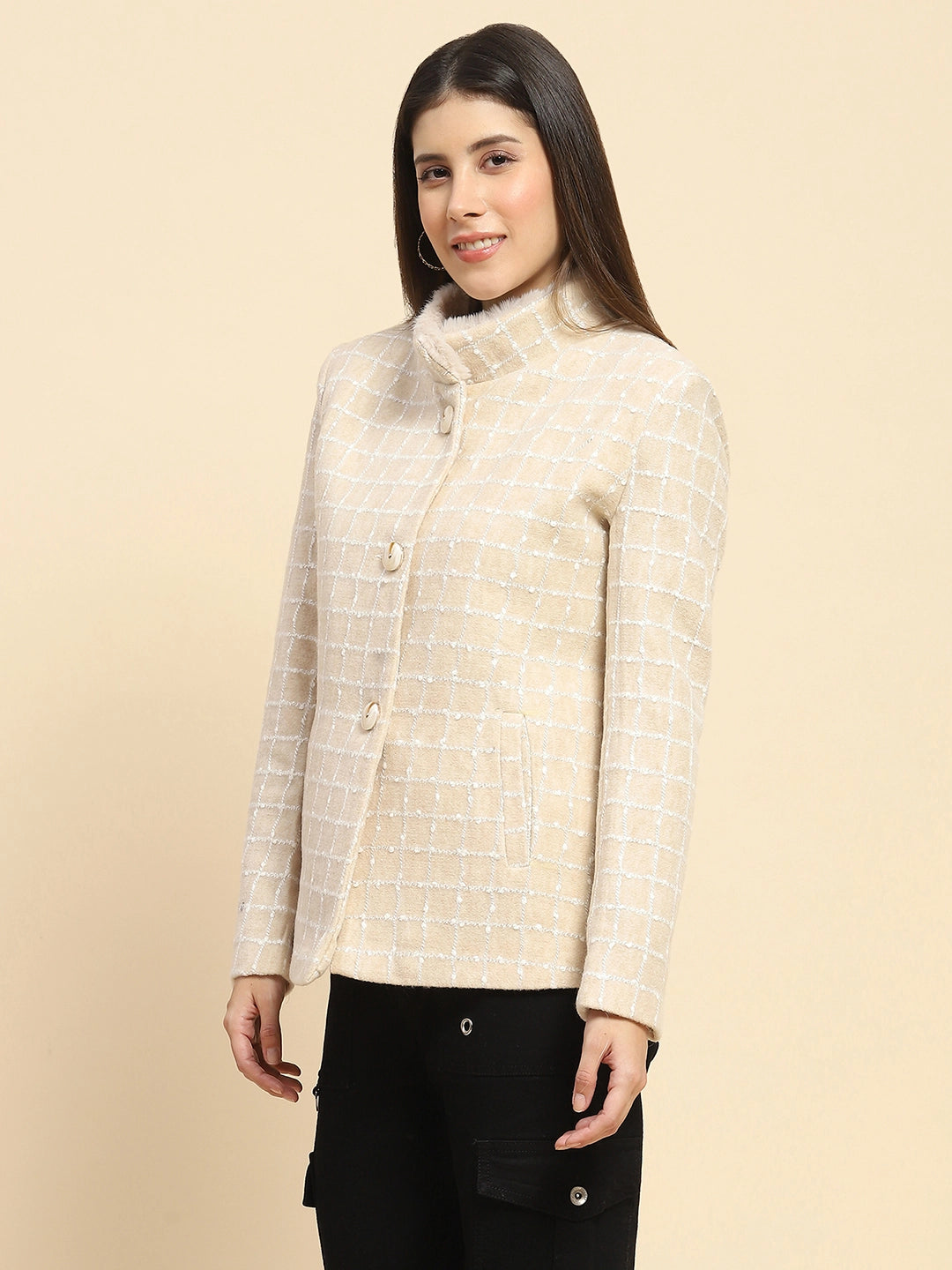 Beige Poly Acrylic Check Winter Coat