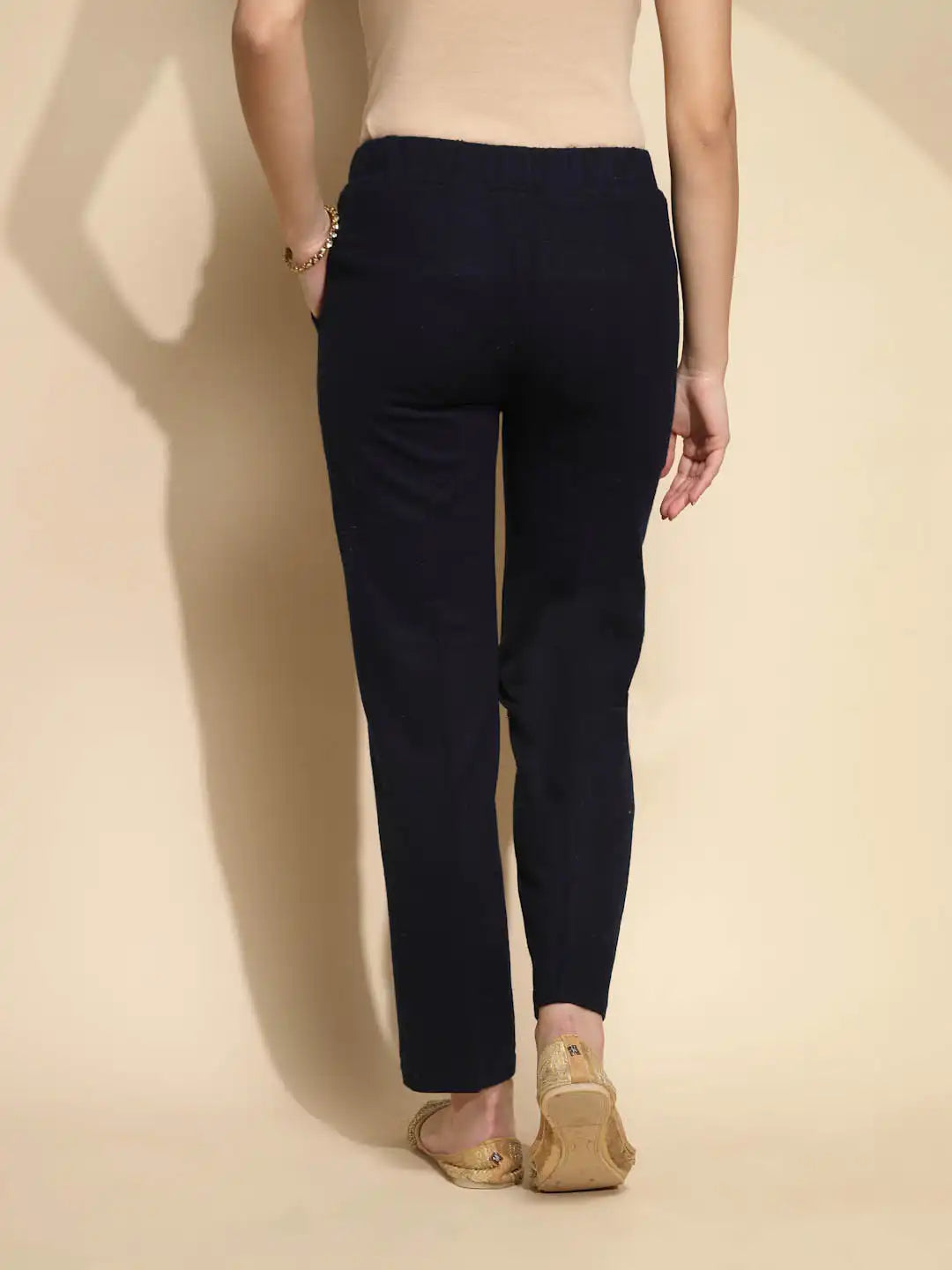 Solid Navy Cotton Mid Rise Ankle Length Pants - Global Republic