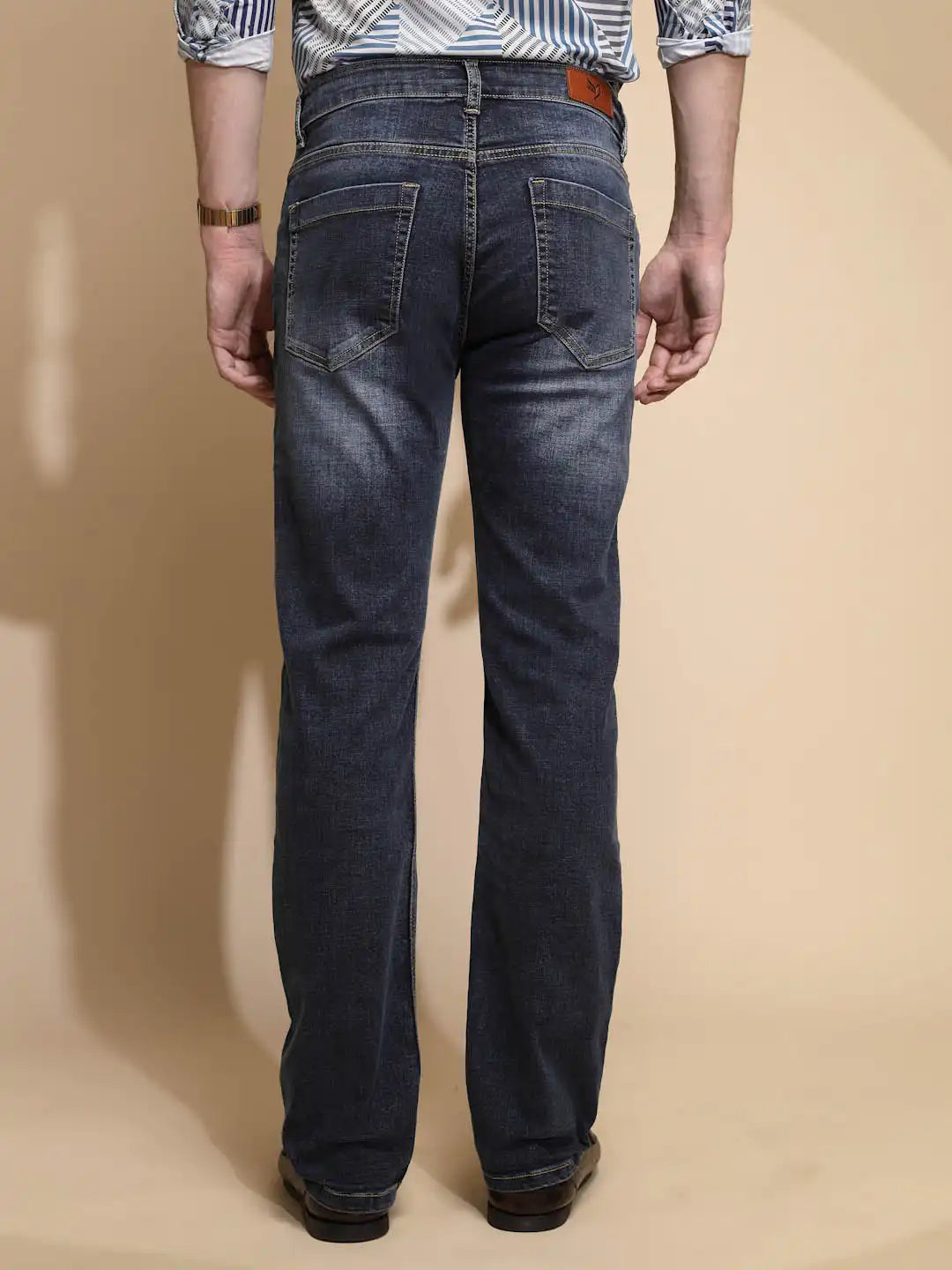 Blue Solid Mid Rise Straight Cotton Blend Jeans