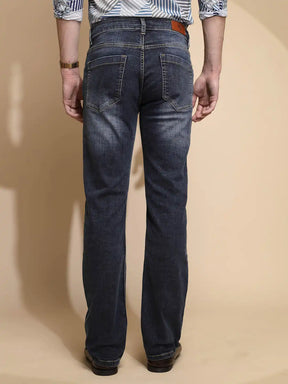 Blue Solid Mid Rise Straight Cotton Blend Jeans