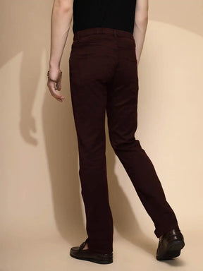 Maroon Solid Mid Rise Slim Fit Cotton Blend Jeans