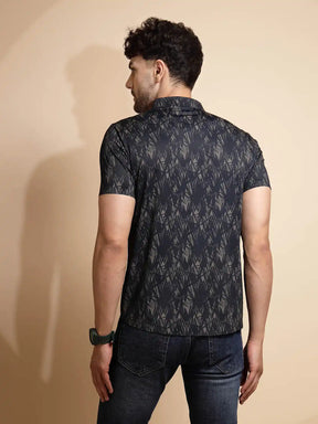 Black Printed Half Sleeve Collared Neck Cotton Shirt
