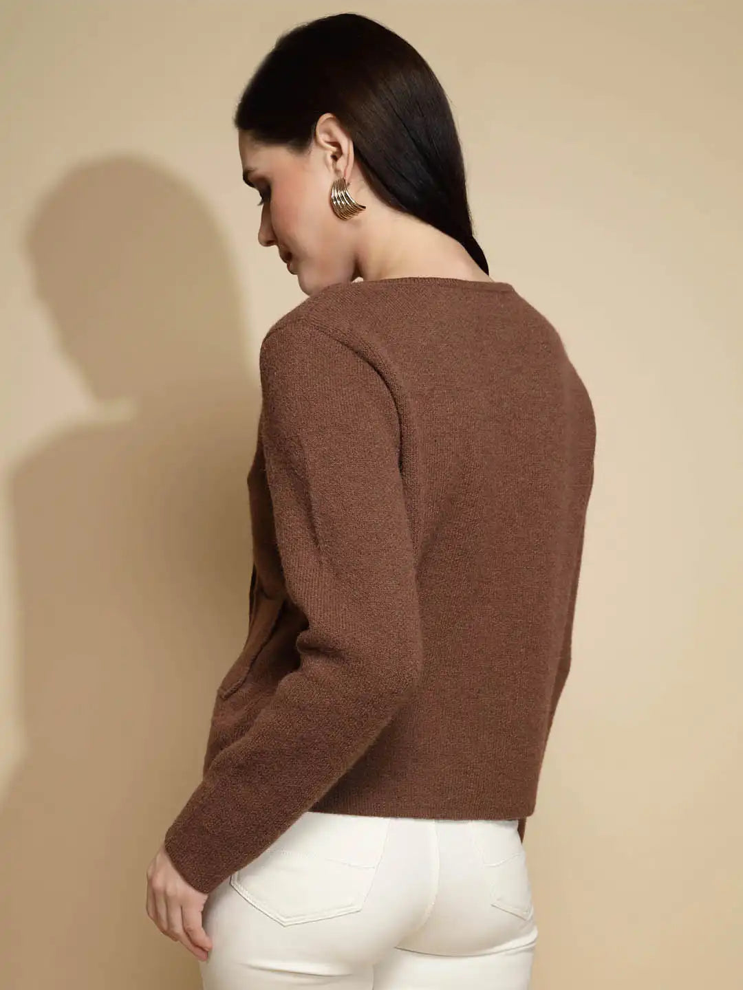 Brown Solid Full Sleeve Round Neck Acrylic Winter Pea Coat