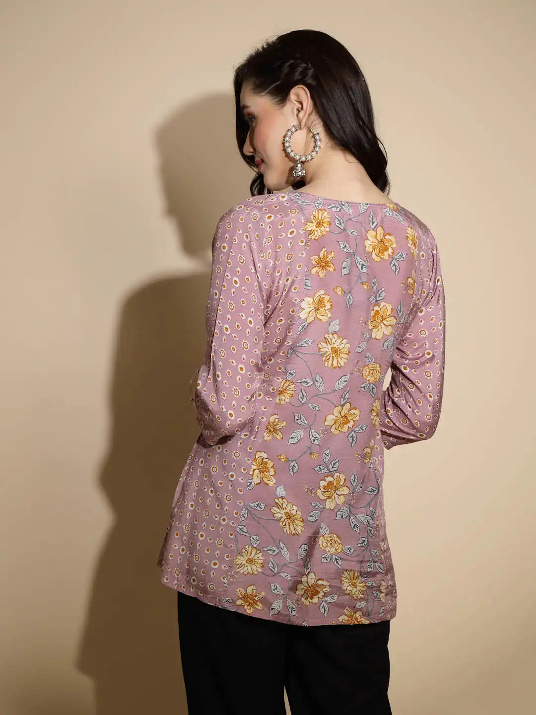 Mauve Floral Prints Three Quarter Sleeves Round Neck Satin Tunic