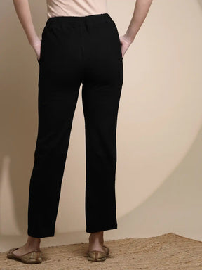 Women Black Solid Pants Corduroy Mid Rise