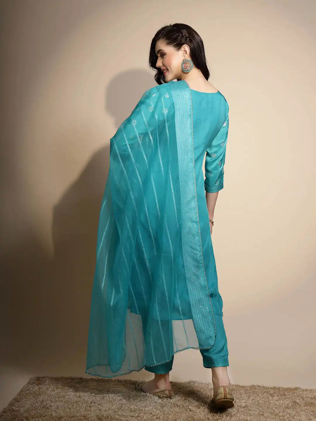 Firozi Foil Printed Silk Kurta Bottom Set With Organza Dupatta - Global Republic