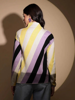 Multicolor Striped Full Sleeve Turtle Neck Knitted Pullover