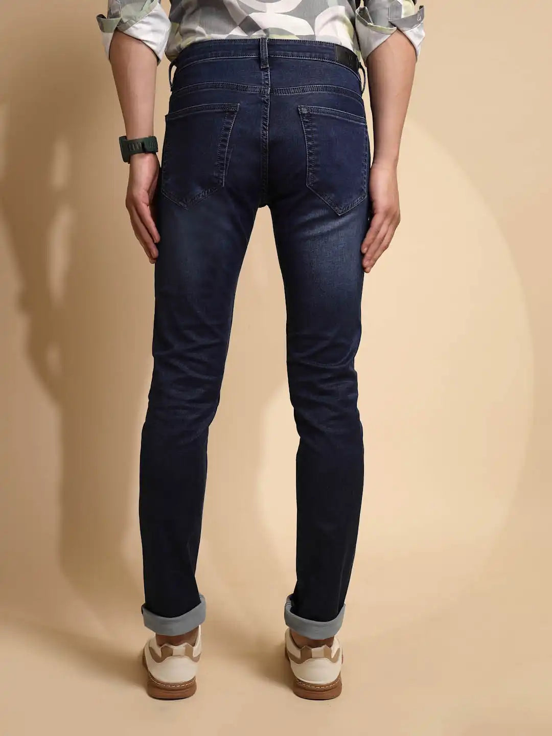Solid Blue Mid Rise Cotton Blend Folding Jeans - Global Republic