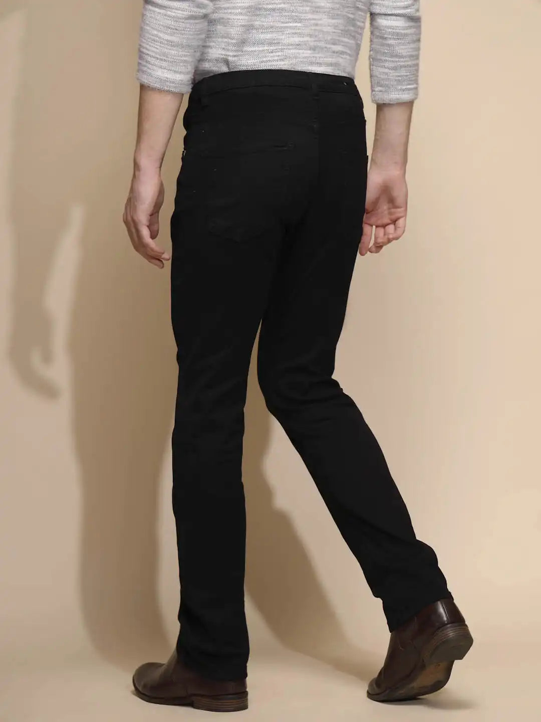 Solid Black Stretchable Mid Rise Straight Fit Cotton Blend Jeans - Global Republic