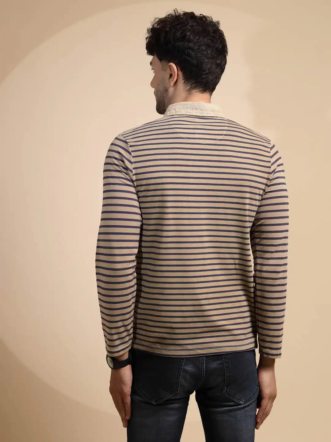 Brown Striped Three Fourth Sleeve T-Shirt