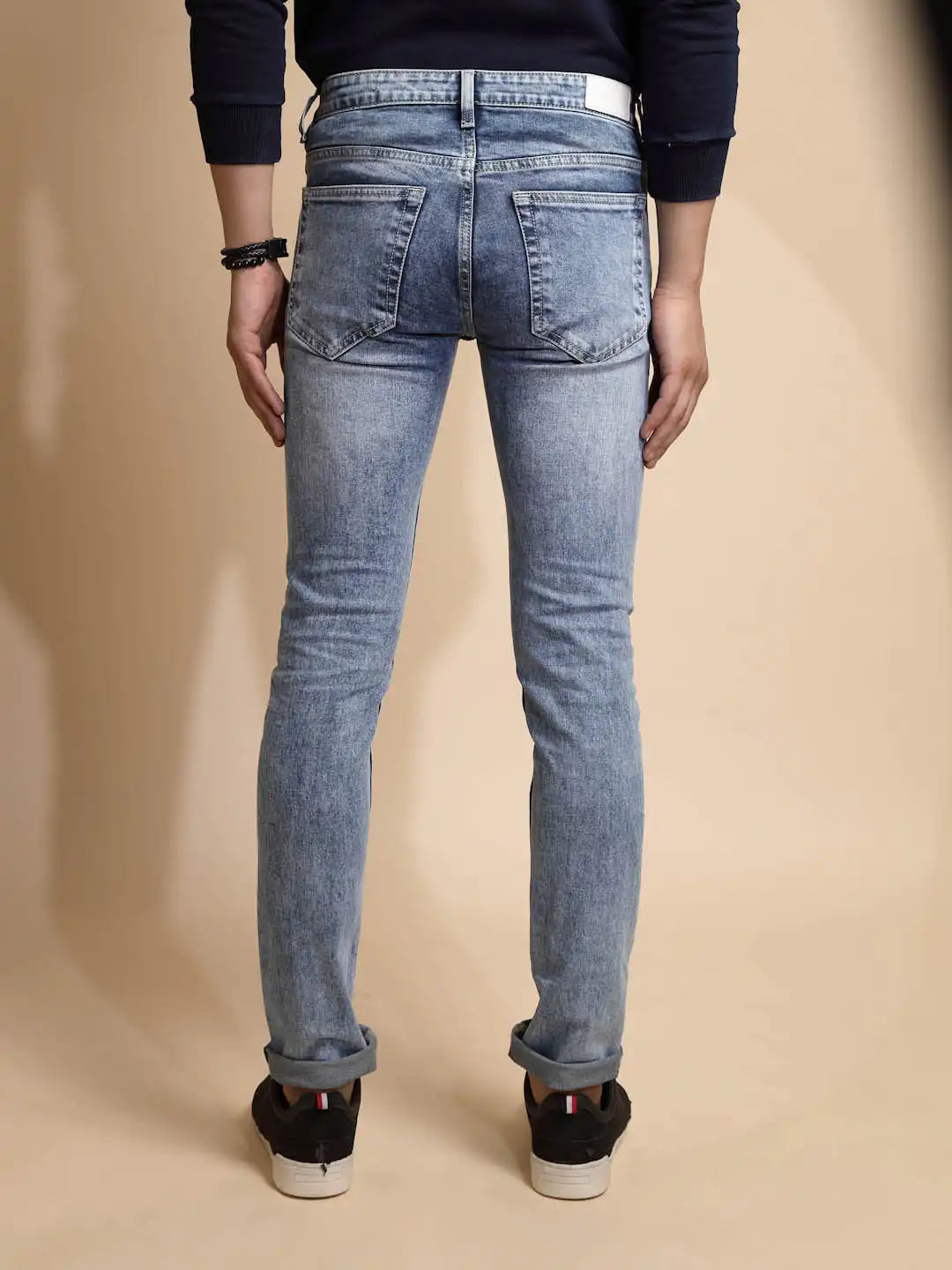 Light Blue Solid Mid Rise Cotton Blend Slim Fit Jeans