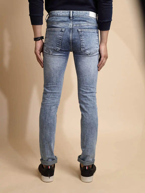 Light Blue Solid Mid Rise Cotton Blend Slim Fit Jeans