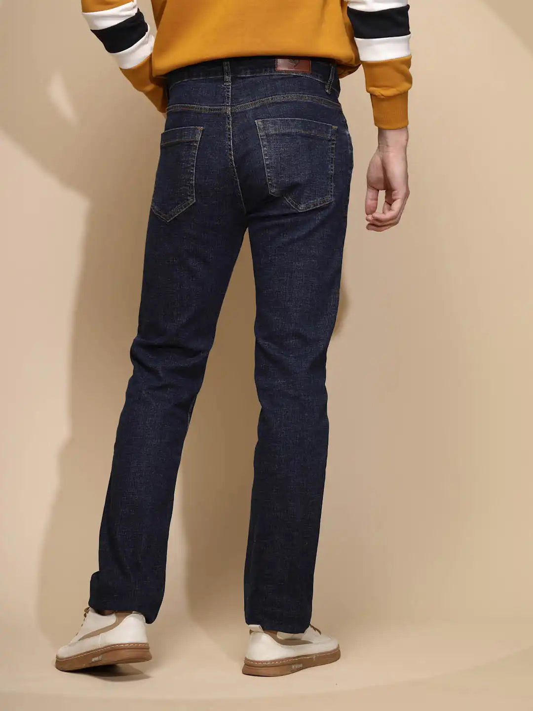 Dark Blue Solid Mid Rise Straight Fit Cotton Blend Full Length Jeans - Global Republic