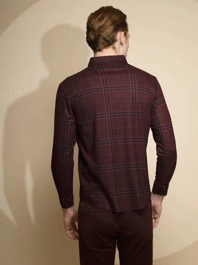 Wine Full Sleeve Collared Neck Check Shirt