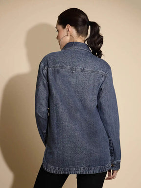 Blue Solid Full Sleeve Collared Neck Denim Shacket